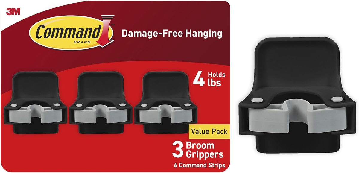 Command Large Black Broom Grippers, 3 Grippers, 6 Strips