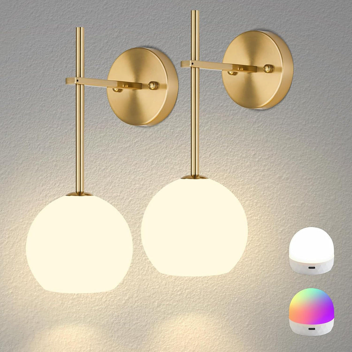Gold Battery Operated Wall Sconces Set of 2, Rechargeable Wireless Wall Lights with Milky White Frosted Glass Shade, 12 RGB and 3CCT Dimmable, Wall Lamps with Remote for Bedroom Living Room Hallway