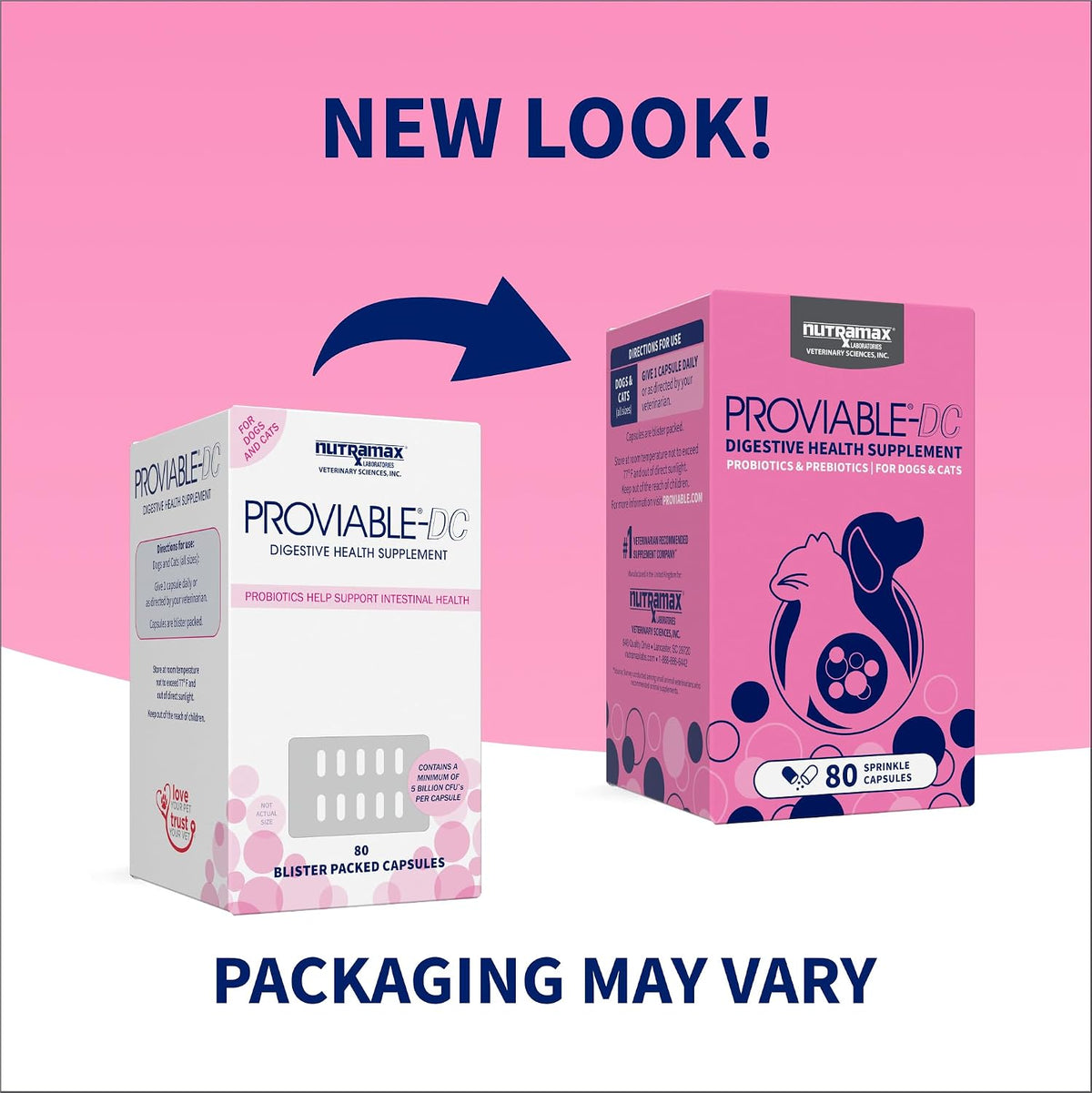 Nutramax Proviable Probiotics + Prebiotics, for Dogs & Cats, Capsules, 80Ct