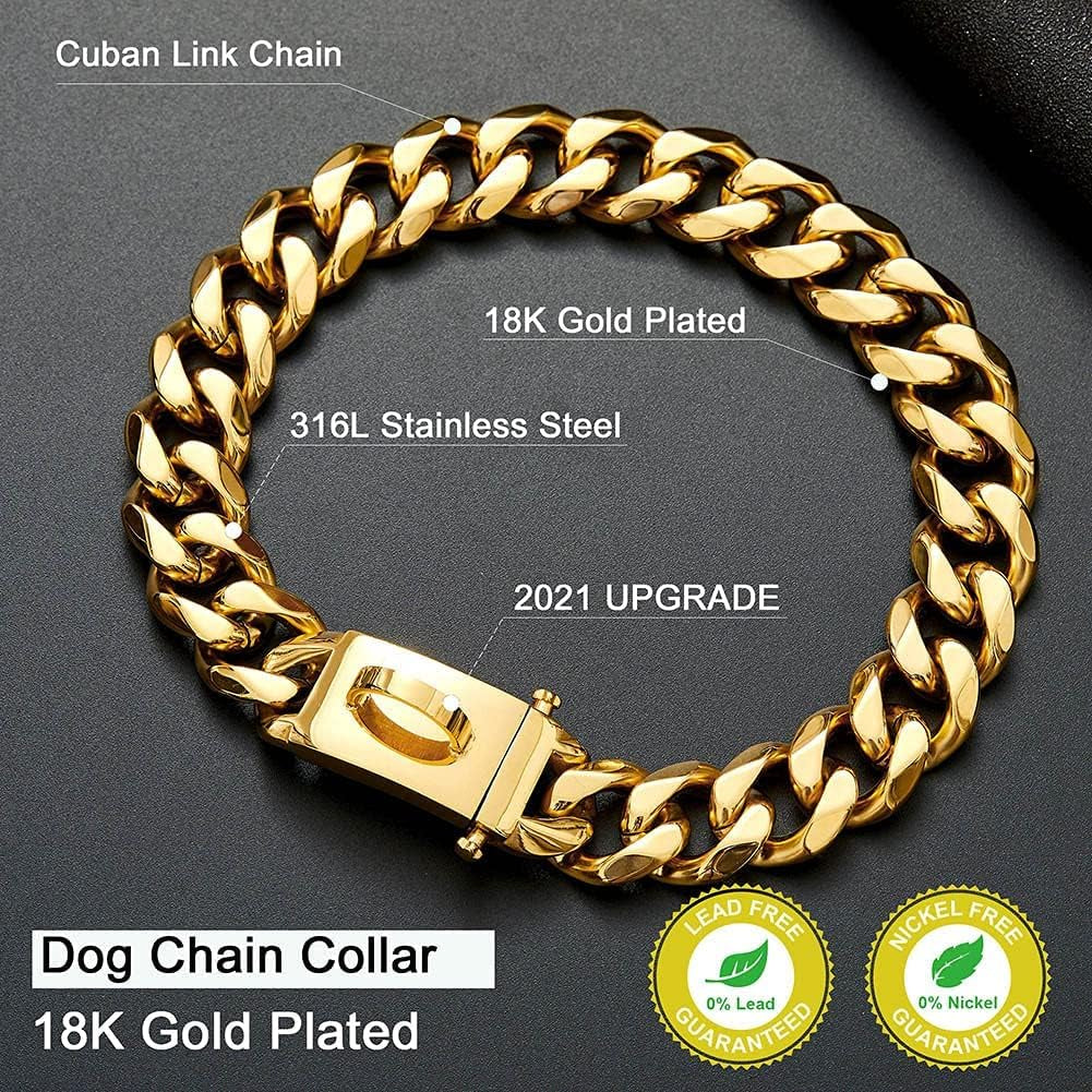 Gold Dog Chain Collar Walking Metal Chain Collar with Design Secure Buckle,18K Cuban Link Strong Heavy Duty Chew Proof for Medium Dogs(19Mm, 18")