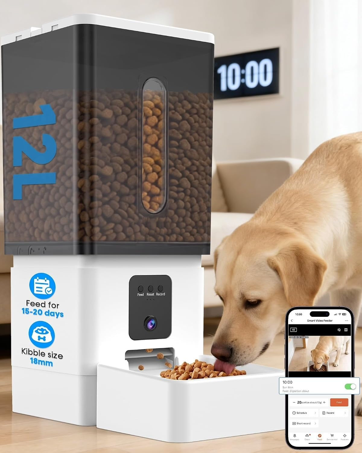 12L Automatic Dog Feeder with Camera for Large Dogs, Wifi App Control, 2-Way Audio