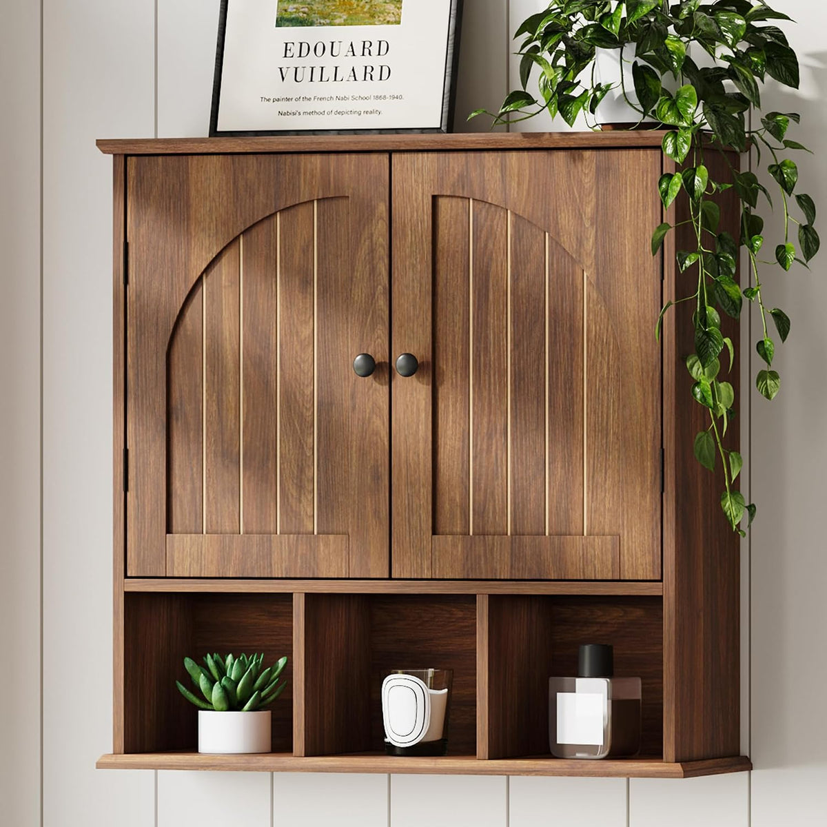 Choochoo Bathroom Wall Cabinet, Wooden Cabinet with Doors and Open Cubbies
