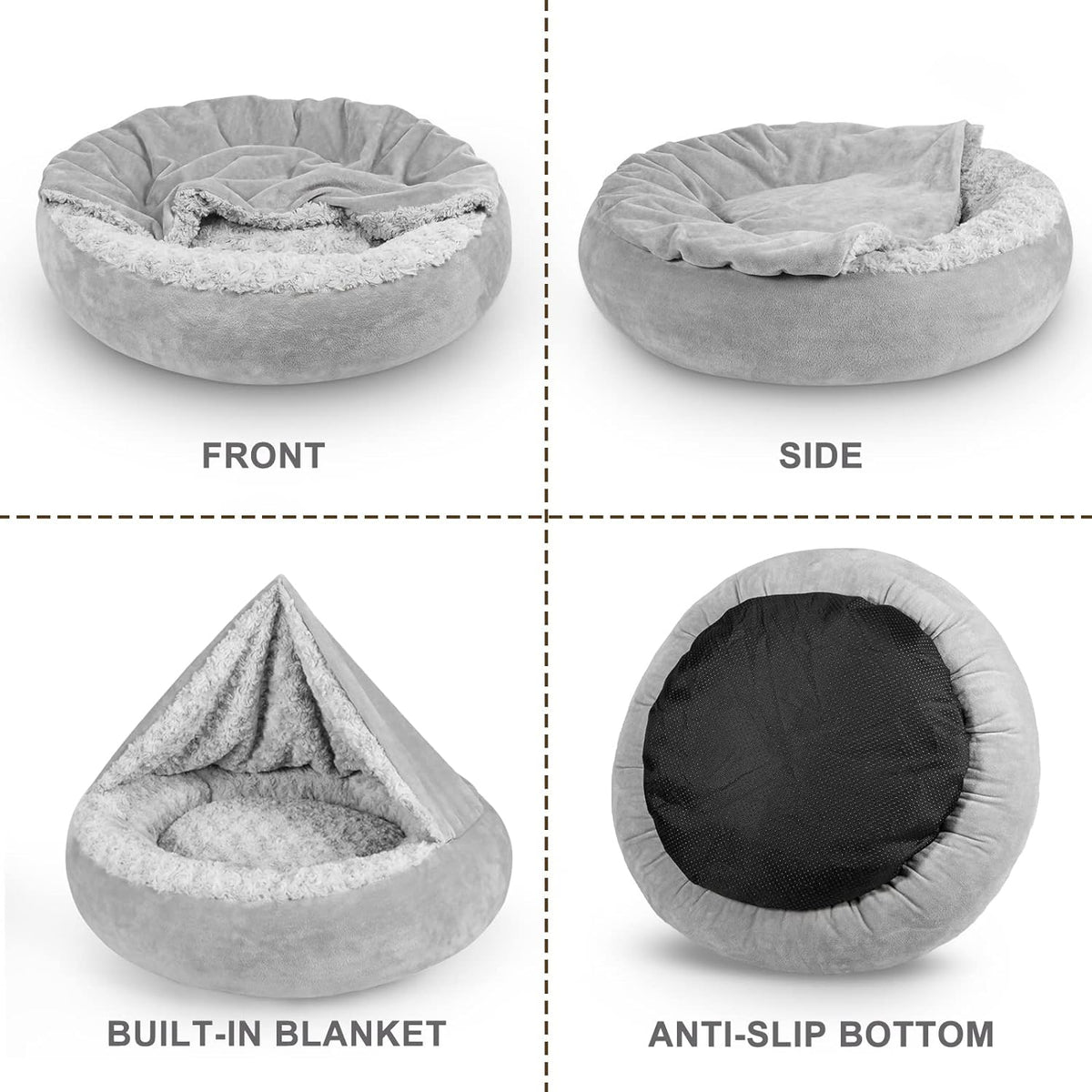JOEJOY Small Dog Bed Cat Bed with Hooded Blanket, Cozy Cuddler Luxury Puppy Pet Bed, Donut round Calming Anti-Anxiety Dog Burrow Cave Bed - Anti-Slip Bottom and Machine Washable 23 Inch