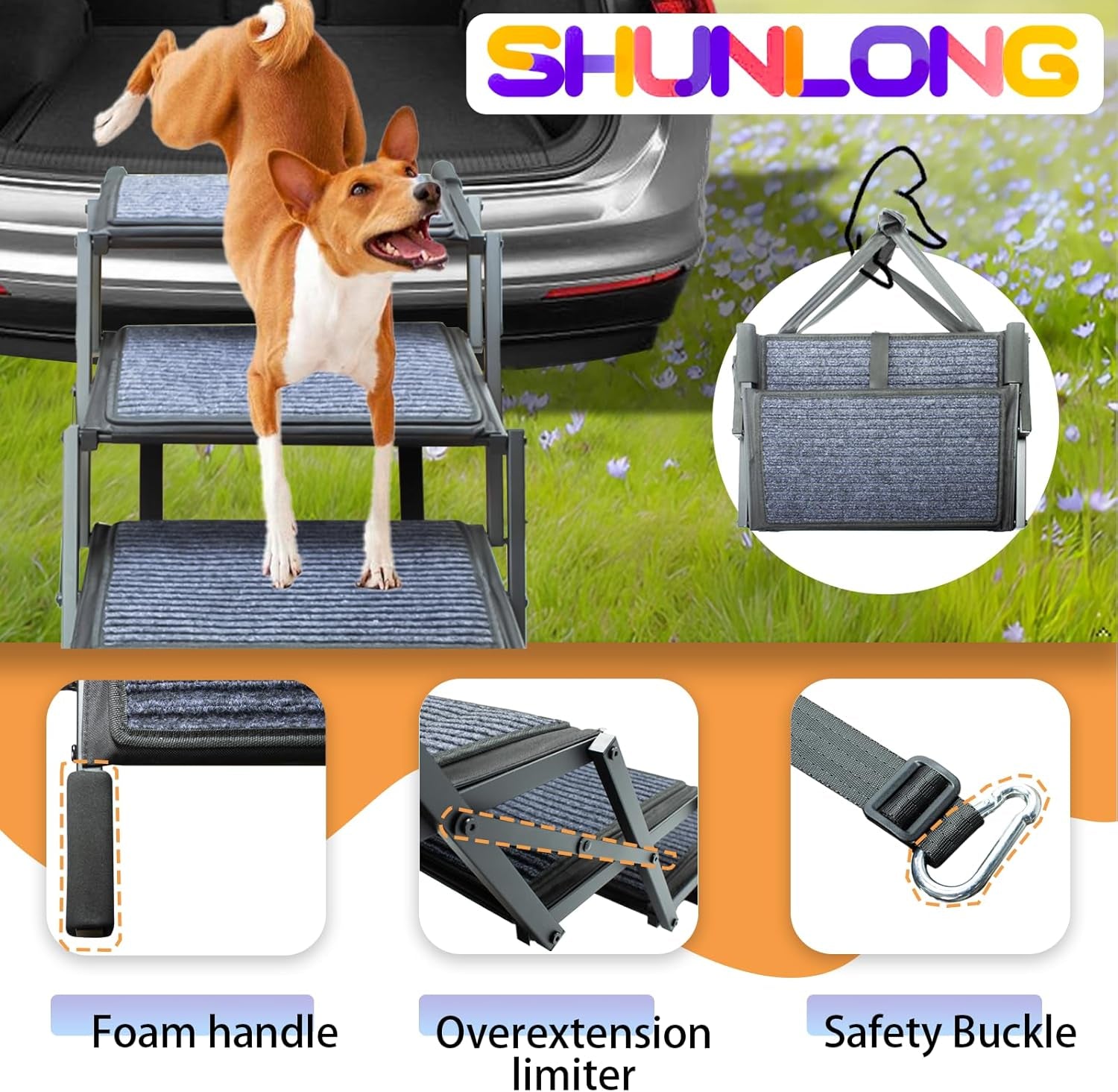 Dog Ramp for Car Truck and SUV Dog Stairs for Large Dogs Folding Pet Stairs with Non-Slip Rug Surface Supports up to 250 Lbs (5 Steps)