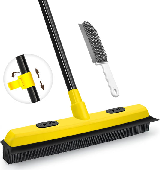 JEHONN Rubber Broom with Squeegee, Pet Hair Remover 52.8 Inches Long Handle, Push Fur Removal Tool with Portable Detailing Lint Brush for Fluff Carpet, Window, Tile, Hardwood Floor Cleaning (Yellow)