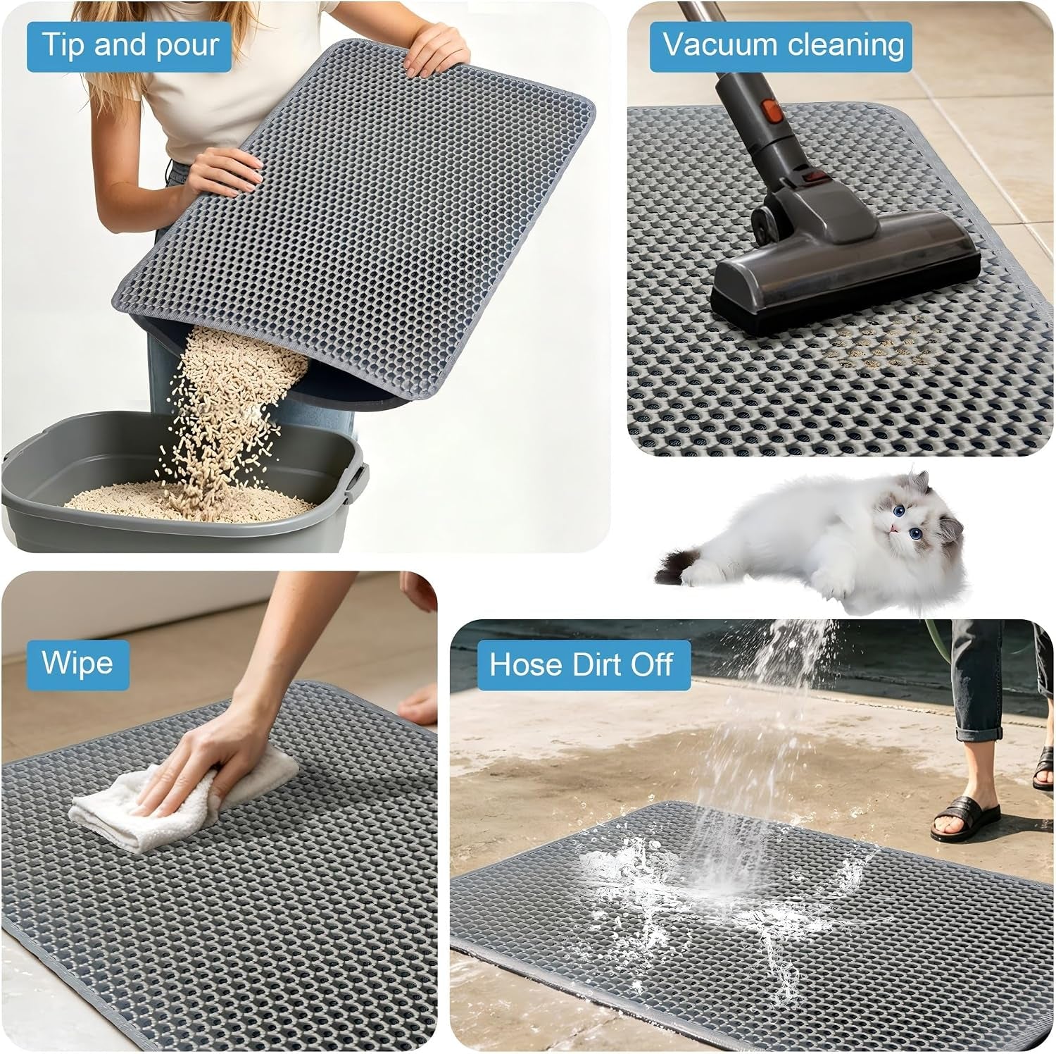 Double Layer Honeycomb Ultra Soft Cat Litter Mat - 23.4" X 14.7", Bpa-Free, Upgraded Non-Slip & Urine-Proof Bottom, Durable & Easy Clean, Gray Pack of 1
