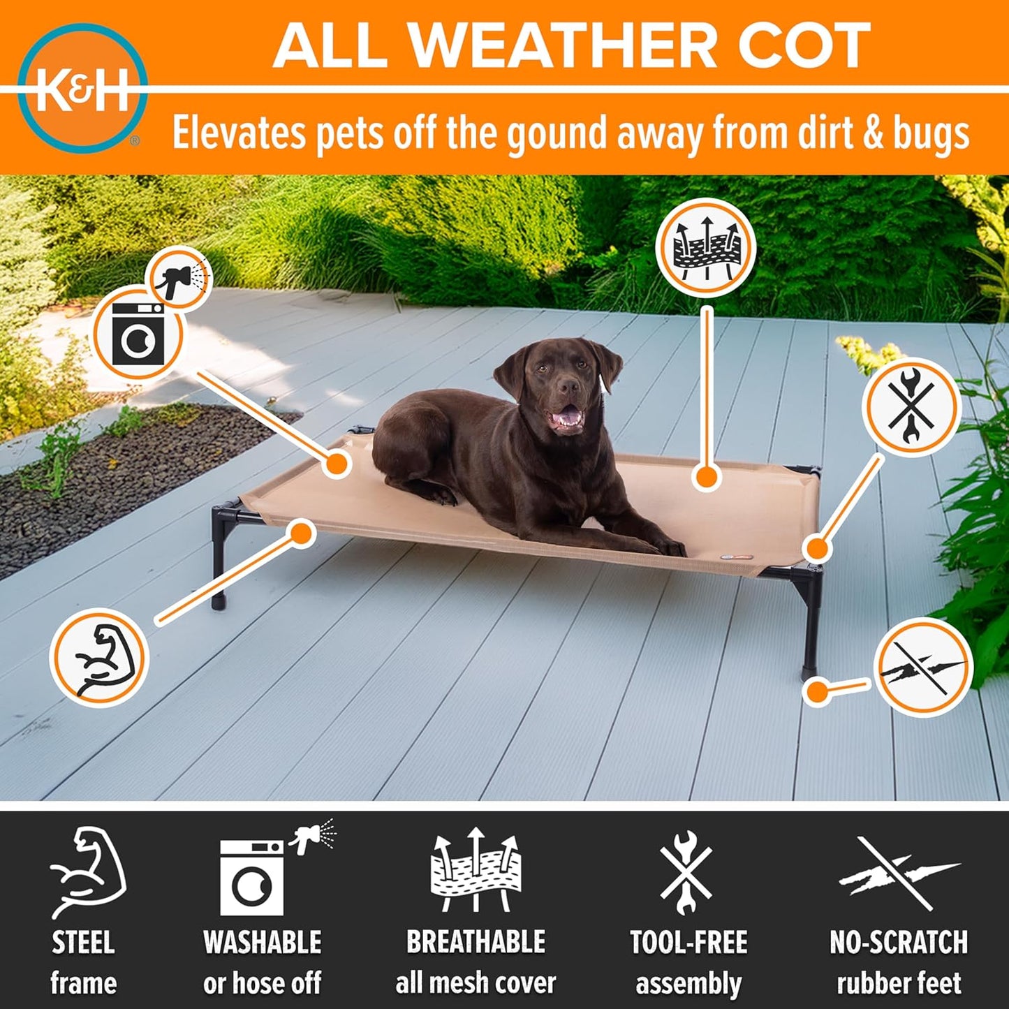 K&H Outdoor Elevated Dog Bed - Cooling Raised Dog Bed for Medium & Large Pets, Breathable Mesh Hammock Design, Indoor/Outdoor Washable Cover, Portable Metal Frame, Tan, Large 42X30In