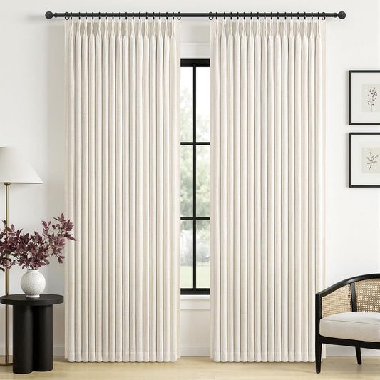 Pinch Pleated Linen Curtains Blackout 96 Inches Long 2 Panels Set for Living/Bedroom Darkening Viral Thermal Memory Trained Wide Curtain with Rings&Hooks 8FT Farmhouse Heavy Drapes 50"W X 96"L, Birch
