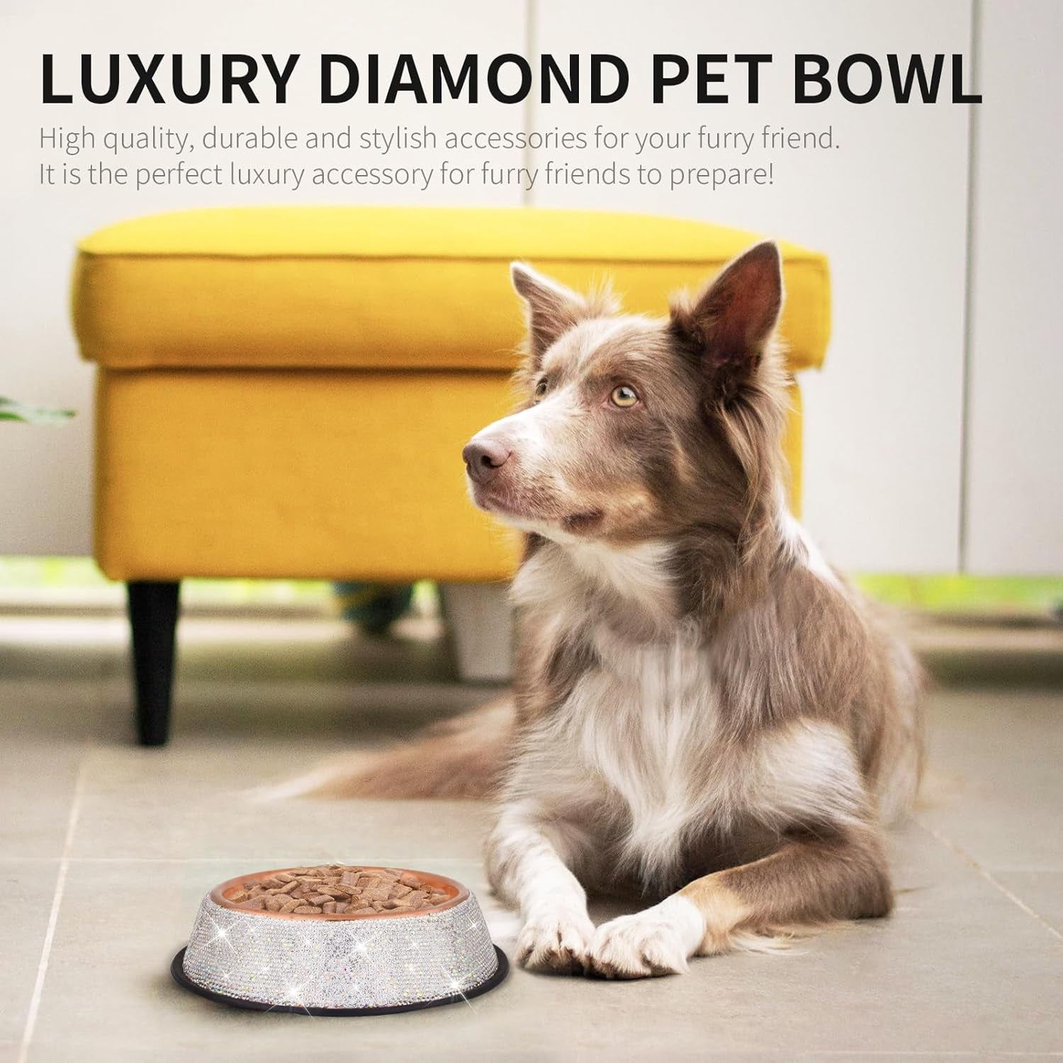Sparkly Full Rhinestones Designed Rose Gold Stainless Steel Pet Bowl - Stylish and Practical Diamond Food Water Dishes Bowls for Small Medium Large Cats Dogs Rabbits