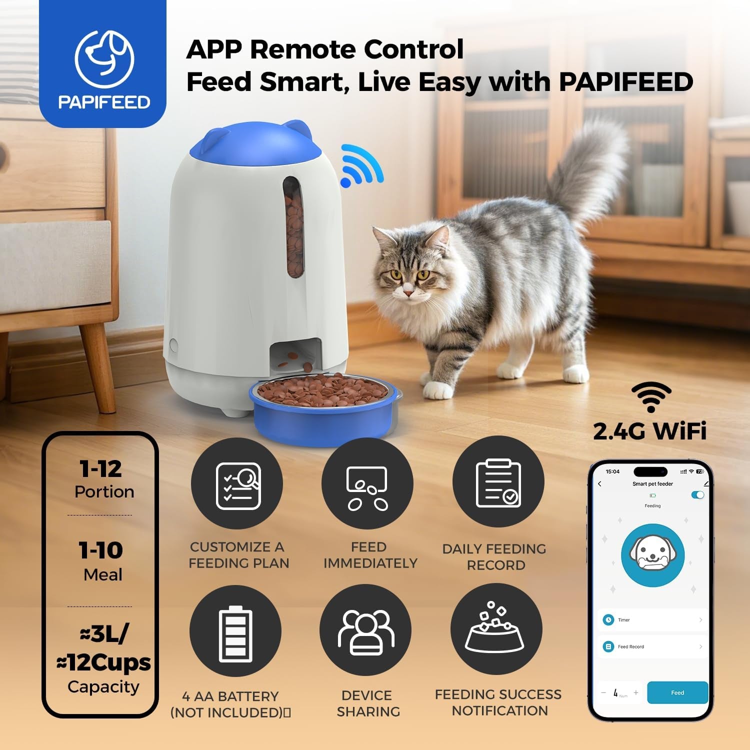 PAPIFEED Automatic Cat Feeder with App, 2.4G Wifi Cat Food Dispenser, 3L Timed Cat Feeders for Dry Food, 10 Meals/Day, 6 Portions/Meal, Dual Power Supply Smart Pet Feeder for Cat, Blue