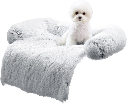 HACHIKITTY Calming Pet Sofa Bed Mat, Washable Fluffy Couch Cover for Dogs and Cats, Anti-Slip Bottom (30"X 27"X 6", Gray)