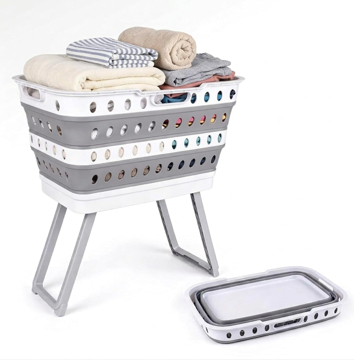 Collapsible Laundry Basket with Wheels and Folding Stand, Large Capacity Plastic Clothes Hamper, Space Saving Foldable Laundry Bin for Bedroom, Bathroom, Dorm and Laundry Room