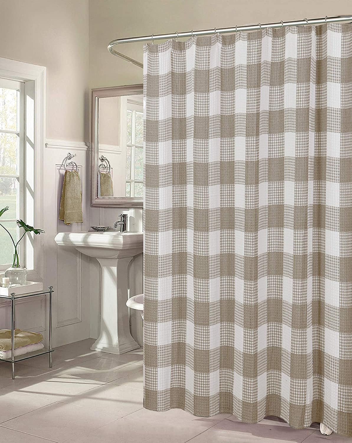 Cotton Waffle Weave Shower Curtain - Waffle Weaved Plaid Design in Coffee 70" X 72" - Water Resistant Polyester Blend, Washable Shower Curtain - Perfect Cloth Shower Curtain for Stylish Bathrooms