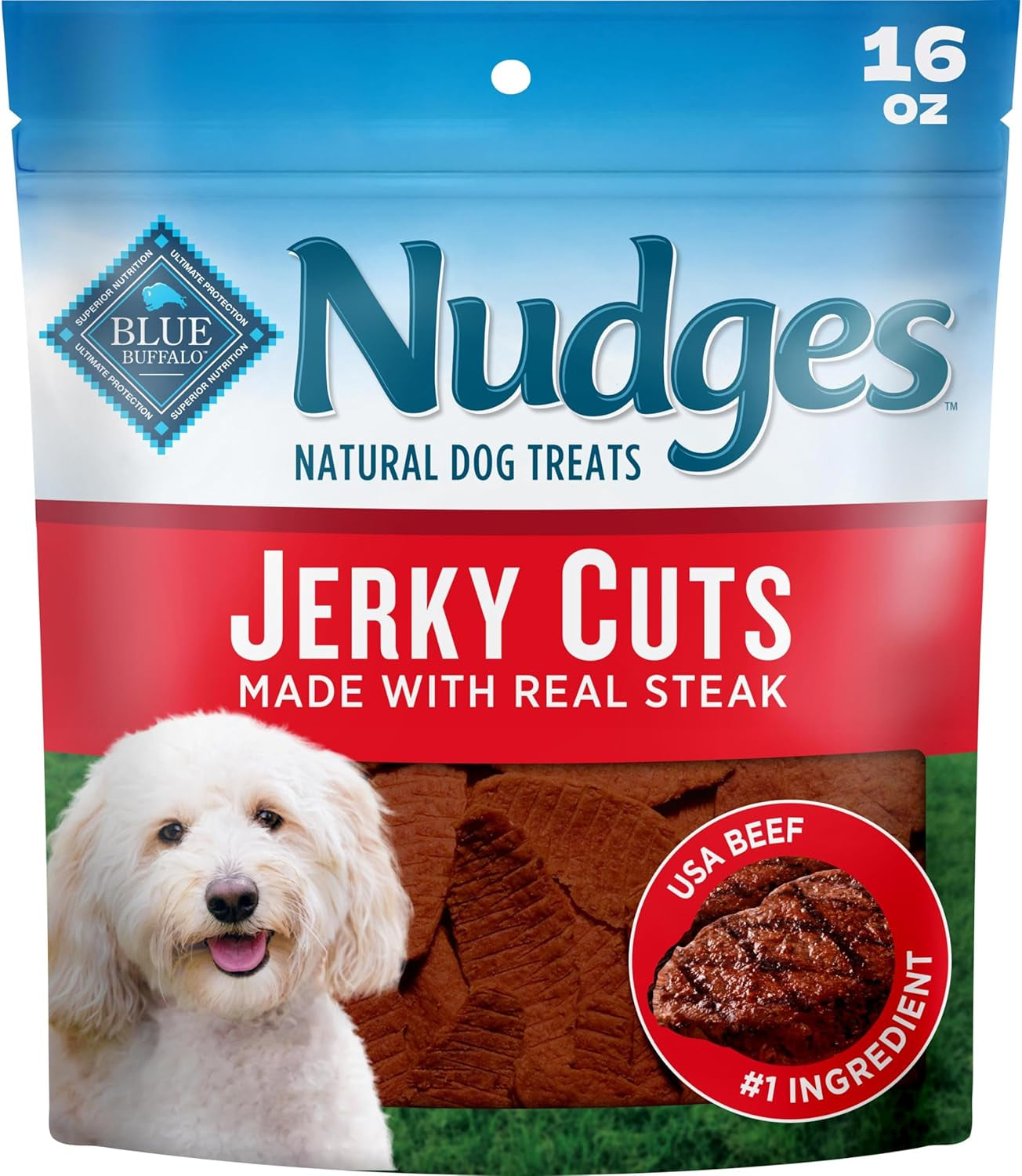 Blue Buffalo Nudges Steak Jerky Cuts Natural Dog Treats, Tender & Meaty Dog Snacks, Healthy Reward or Training Treat, Made in the USA with Beef, No Artificial Preservatives, 16 Oz.