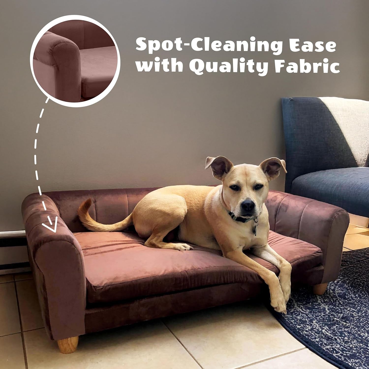 CRITTER SITTERS 42-In. Elegant Brown Faux-Velvet Rectangular Dog Sofa for Medium and Large Dogs, Elevated Plush Dog Couch