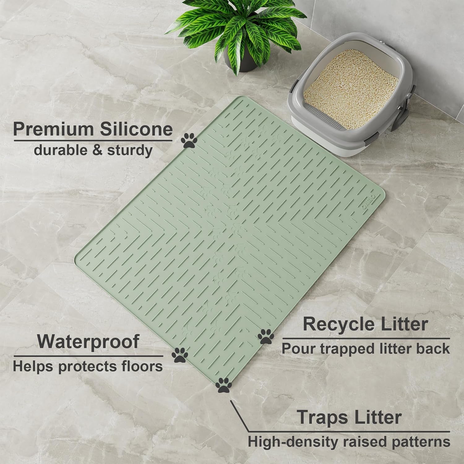 OHMO Cat Litter Mat Large Trapping Mat Premium Silicone Rubber 31.5X23.6 Sage Green, Waterproof and BPA Free Kitty Litter Box Mat, Easy to Clean and Keeps the Floor Tidy