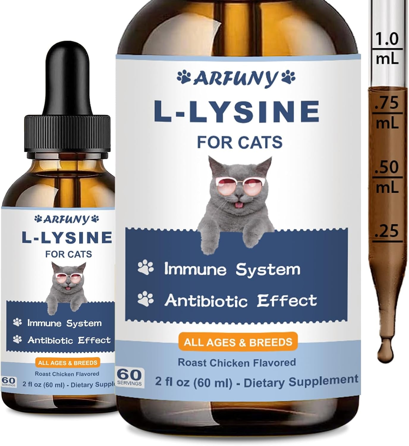 L-Lysine Supplement for Cats - Immune Support - 60ML Lysine for Feline Respiratory, Sneezing, Runny Nose, Eye Function - Natural Cat Antibiotic Drops - Roast Chicken Flavor