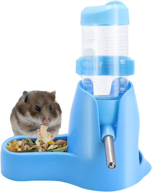 Wontee 3 in 1 Hamster Water Bottle with Food Bowl Hideout Base, 80ML, Blue