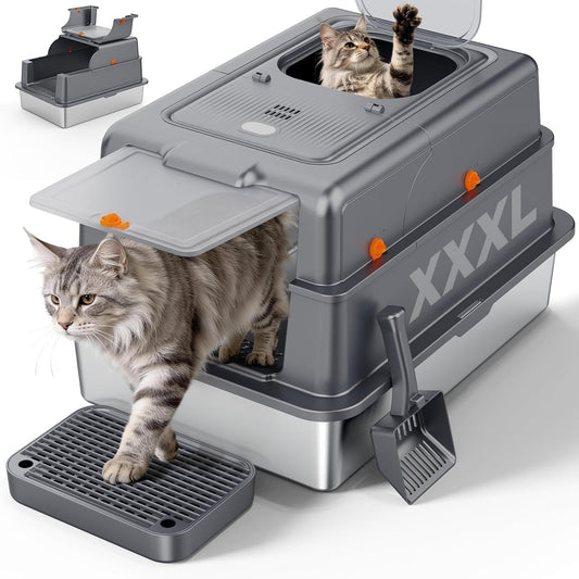 FURTIME XXXL Extra Large Enclosed Stainless Steel Litter Box with Lid
