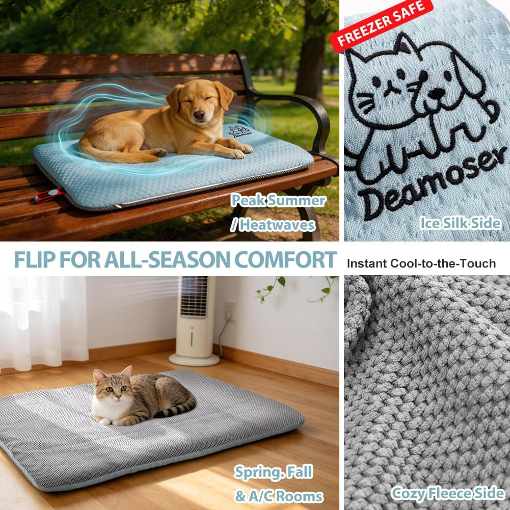 Dual-Sided Cooling Mat for Dogs & Cats – Ice Silk & Corn Fleece, Washable Pet Cooling Pad for Summer Heat Relief, Portable for Crates, Car,Strollers & All Seasons