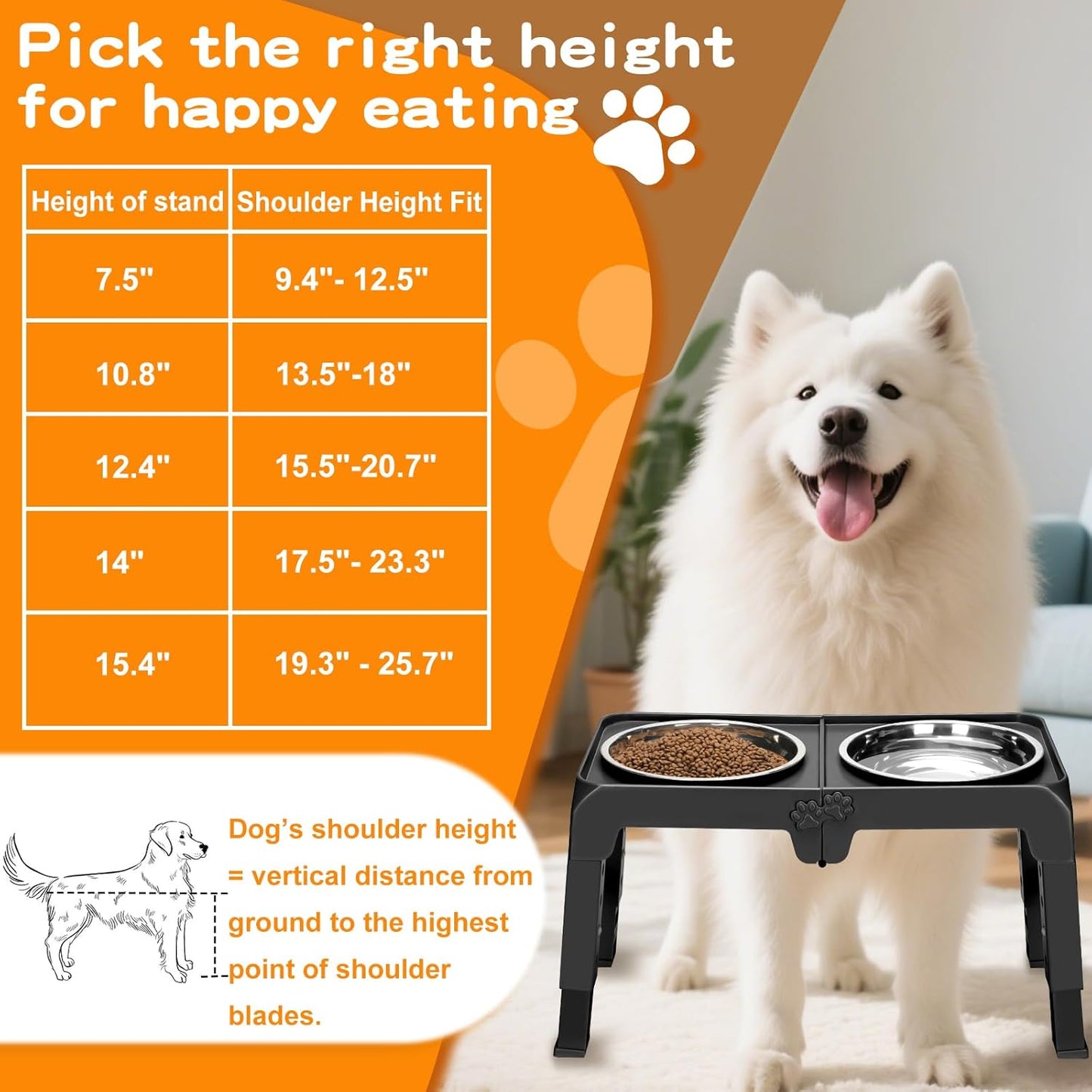 Elevated Dog Bowls for Large Dogs 5 Adjustable Heights 7.5"-15.4", 2 X-Large 10” Stainless Steel Bowls, Heavy Duty Raised Dog Bowl Stand Foldable Pet Feeder for Dogs Shoulder Height over 15”, Black