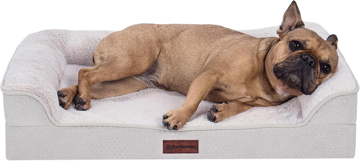 Furhaven Medium (30"X20") Cooling Gel Dog Bed – Cool Gel Memory Foam Sofa Pet Bed, Embossed Velvet, Removable Washable Cover, Clay