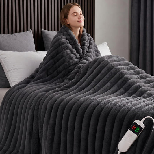 Heated Blanket Electric Throw 50″X60 ″Inch - Thick Striped Flannel Electric Blanket,10 Heating Levels, 1-8 Hours Auto Off, Fast Heating Heating Blanket with Overheat Protection.