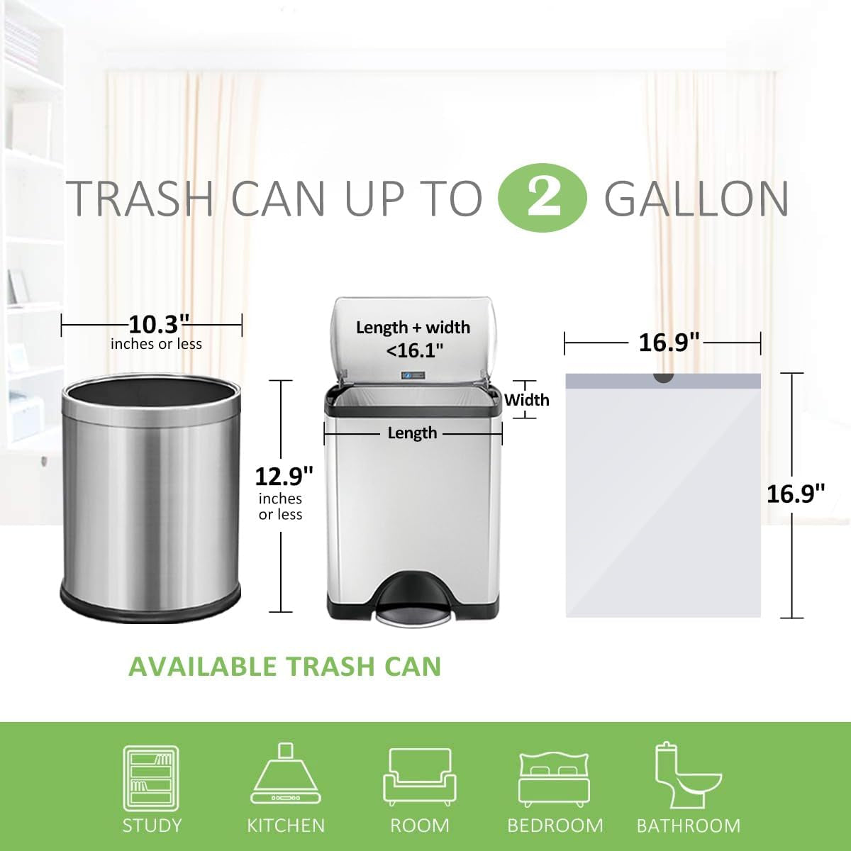 Teivio 2 Gallon Small Drawstring Trash Bags, 90 Count White Garbage Bags, Mini Plastic Bin Liners Fit 1.8-2 Gal Waste Bin for Bathroom, Kitchen, Bedroom, Office, Pet Litter, Household Daily Use