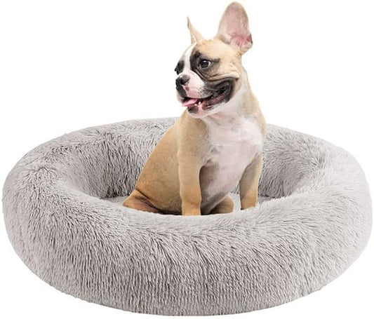 Friends Forever Serena Donut Memory Foam Orthopedic Dog Bed, Soft Faux Fur Oval Cat Couch for Indoor Pet, Fluffy Calming Plush Shag, round Raised Bolster Cushion, Machine Washable Cuddler, Grey