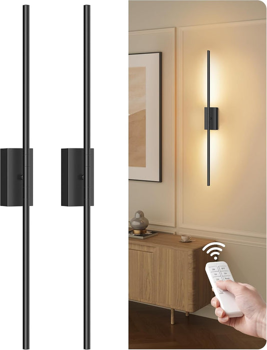 34.6" Wireless Battery Operated Wall Sconces Set of Two,Rechargeable Lamp with Remote, 360° Rotation, 10000Mah Battery, Touch Dimmable Lights for Living Room Hallway Bedroom, Black B05YBP205