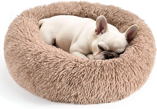 Hoewina Dog & Cat Bed for Indoor Cats, 20In Calming Donut Bed (Camel)