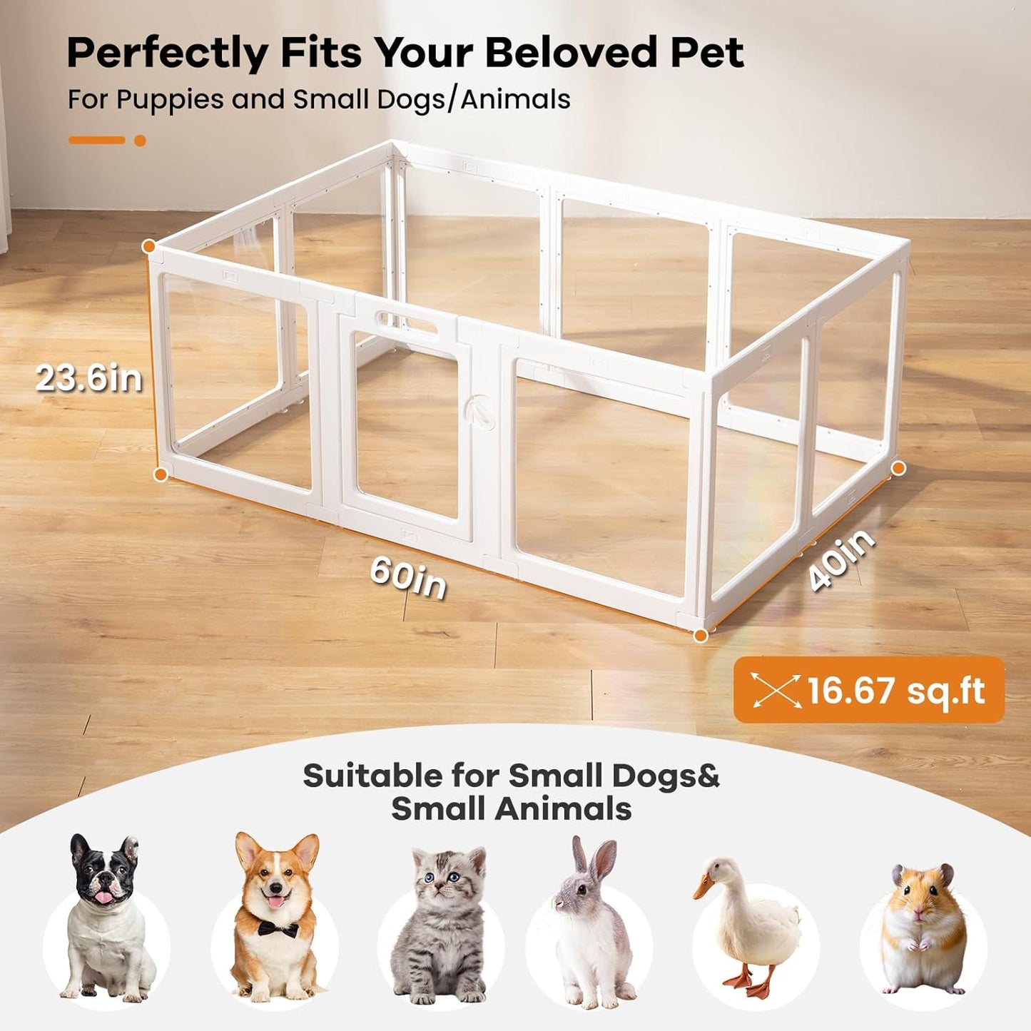 Clear Acrylic Dog Playpen Indoor, Puppy Cat Small Pet Play Pen, Pet Cat Playpen for Rabbits, Dog Fence Crate Kennel Whelping Cage (24", White, 10 Panels)