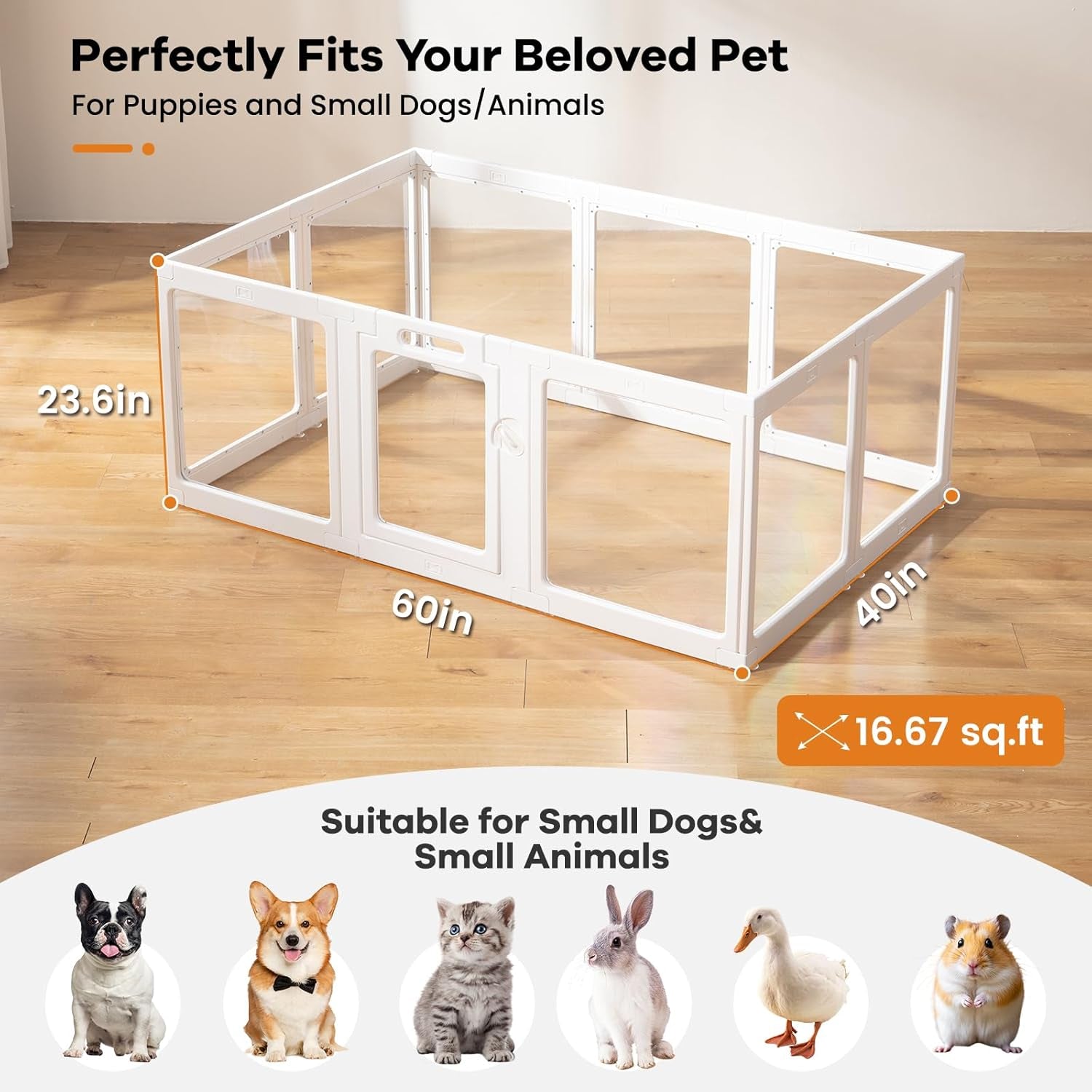 Clear Acrylic Dog Playpen Indoor, Puppy Cat Small Pet Play Pen, Pet Cat Playpen for Rabbits, Dog Fence Crate Kennel Whelping Cage (24", White, 10 Panels)