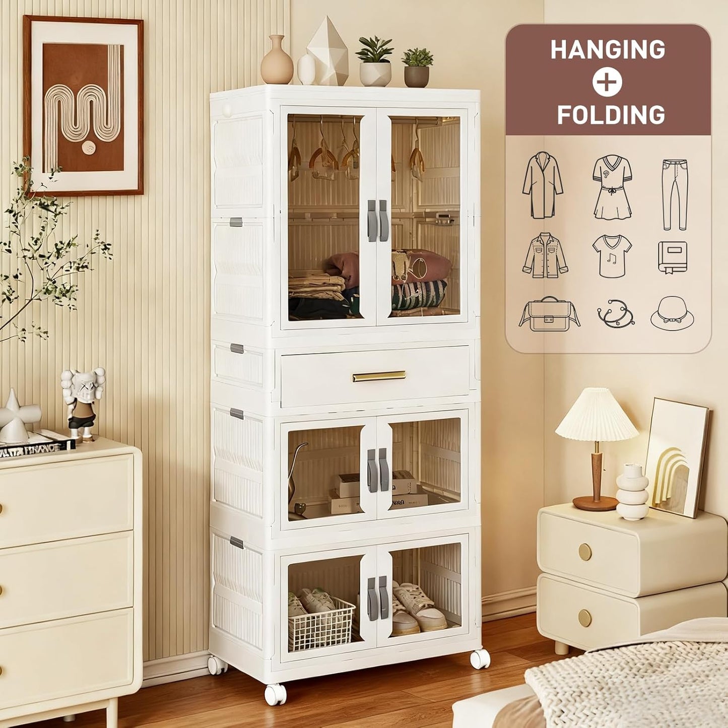 SAYMA Pet Portable Wardrobe Closet with Doors, Pet Wardrobe Storage Cabinet with Hanging Rod Storage Organizer Large Plastic Storage Cabinet for Pet Clothes, Toys, Snacks(3 Layer+Drawer)