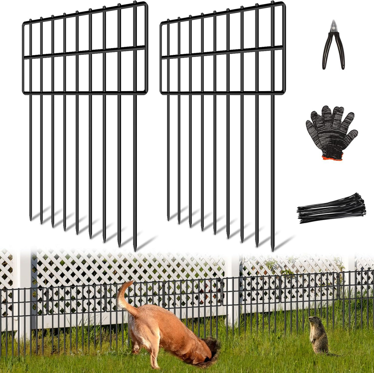 25 Panels Garden Fencing Animal Barrier, 17In (H) X 27Ft (L) Dog Dig Fence Barrier, 1.25In Gap Rustproof Metal Stakes Decorative Garden Fence, Ground Defense Border Fence for Outdoor, Yard, Patio