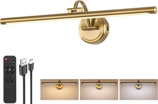 Picture Light for Wall, Dimmable Battery Operated Art Light, Picture Frame Light with Remote & Timer, Cordless Wall Sconce with 3 Colors Temperature for Pantings, Photo Gallery(Brass, 23.6Inch)