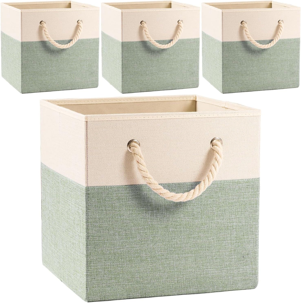 PRANDOM Large Foldable Cube Storage Bins 13X13 Inch [4-Pack] Fabric Linen Storage Baskets Cubes Drawer with Cotton Handles Organizer for Shelves Nursery Closet Bedroom Beige/Green
