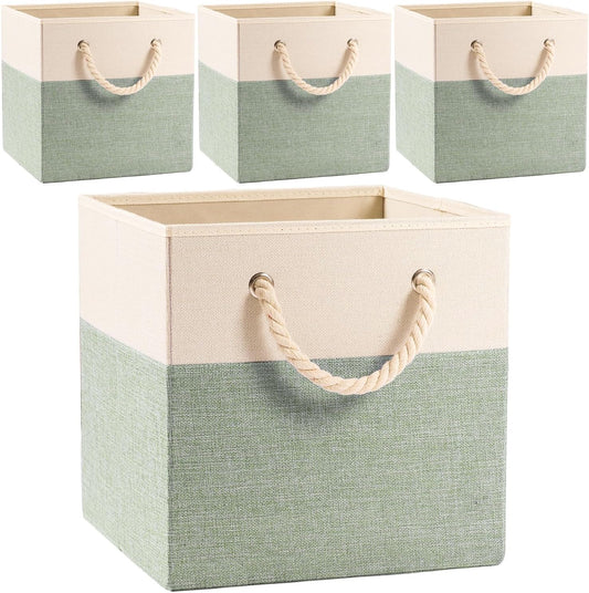 PRANDOM Large Foldable Cube Storage Bins 13X13 Inch [4-Pack] Fabric Linen Storage Baskets Cubes Drawer with Cotton Handles Organizer for Shelves Nursery Closet Bedroom Beige/Green