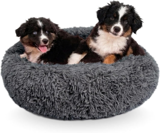 Active Pets Premium Medium Donut Dog Bed, Fits up to 45 Lbs, Machine Washable Cushion, Plush Long Pile Faux Fur Fabric, Portable Dark Gray Pet Bed Furniture for Puppies Adult Canines & Cats