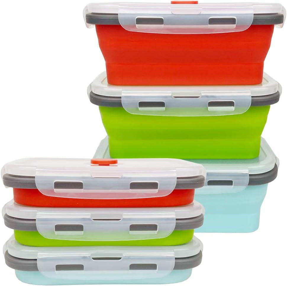 CARTINTS Set of 3 Collapsible Food Storage Containers Collapsible Silicone Bowls, Silicone Lunch Containers with Airtight Lids, Microwave and Freezer Safe, 500Ml