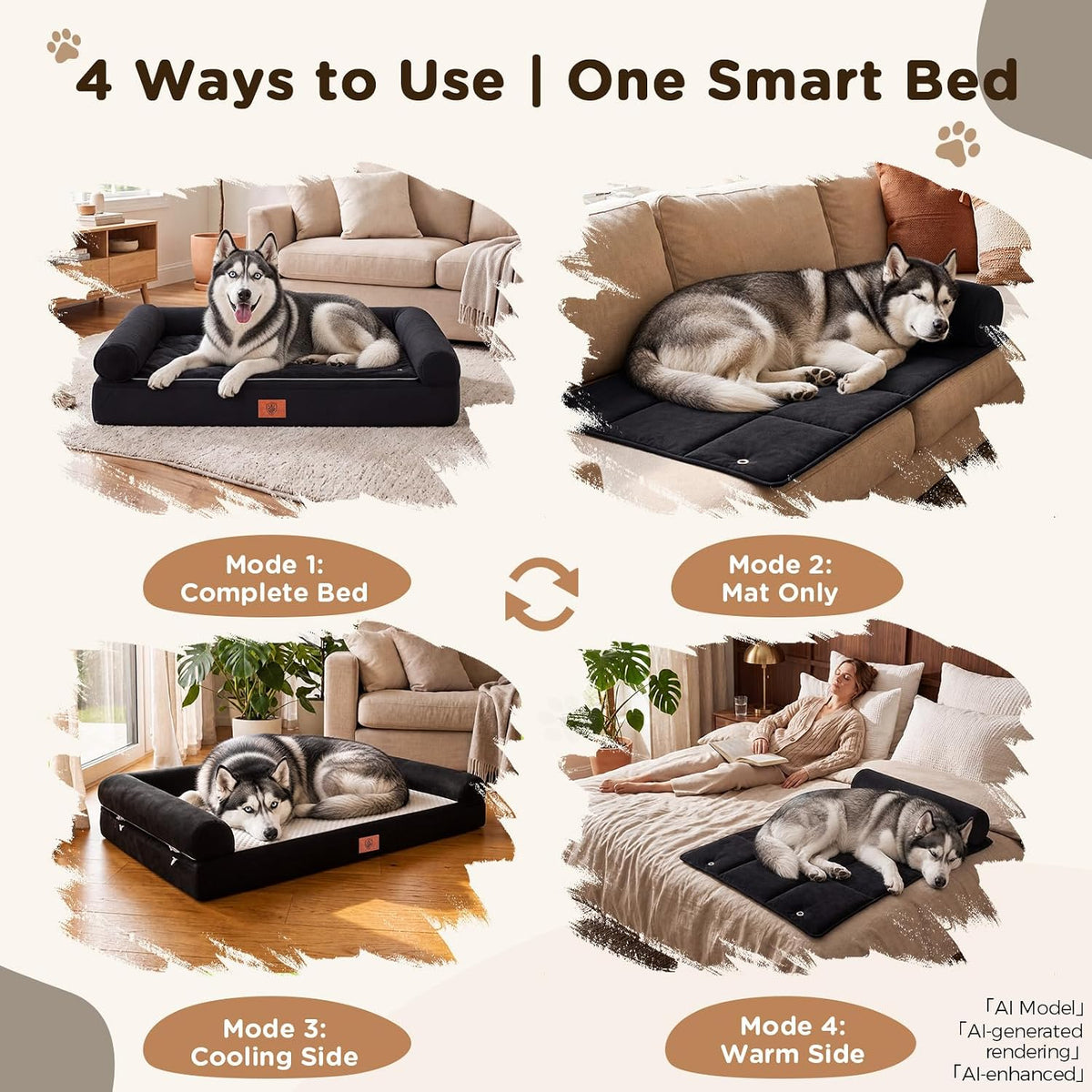 GTPLAYER Dog Bed, Egg-Crate Foam Pressure Relief with Waterproof Washable Pet Bed 43" with 2-In-1 Cooling/Warming Pad, Non-Slip Bottom, Detachable Pillows, Ideal for All Dogs