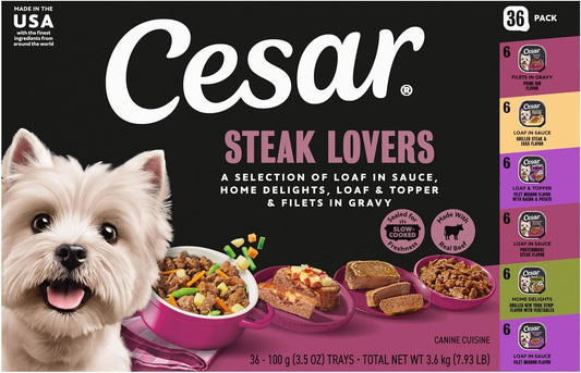 Cesar Wet Dog Food, Steak Lovers Variety Pack, 3.5 Oz, 36 Count