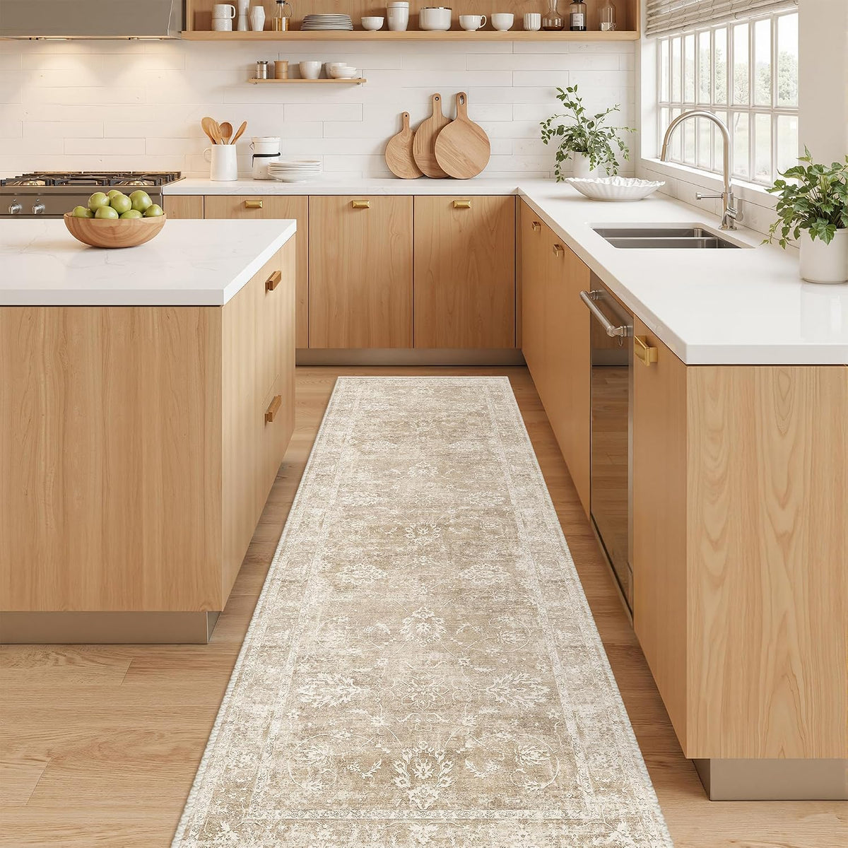 Madane Washable Runner Rug 2X6, Soft Kitchen Hallway Rug Beige/Brown