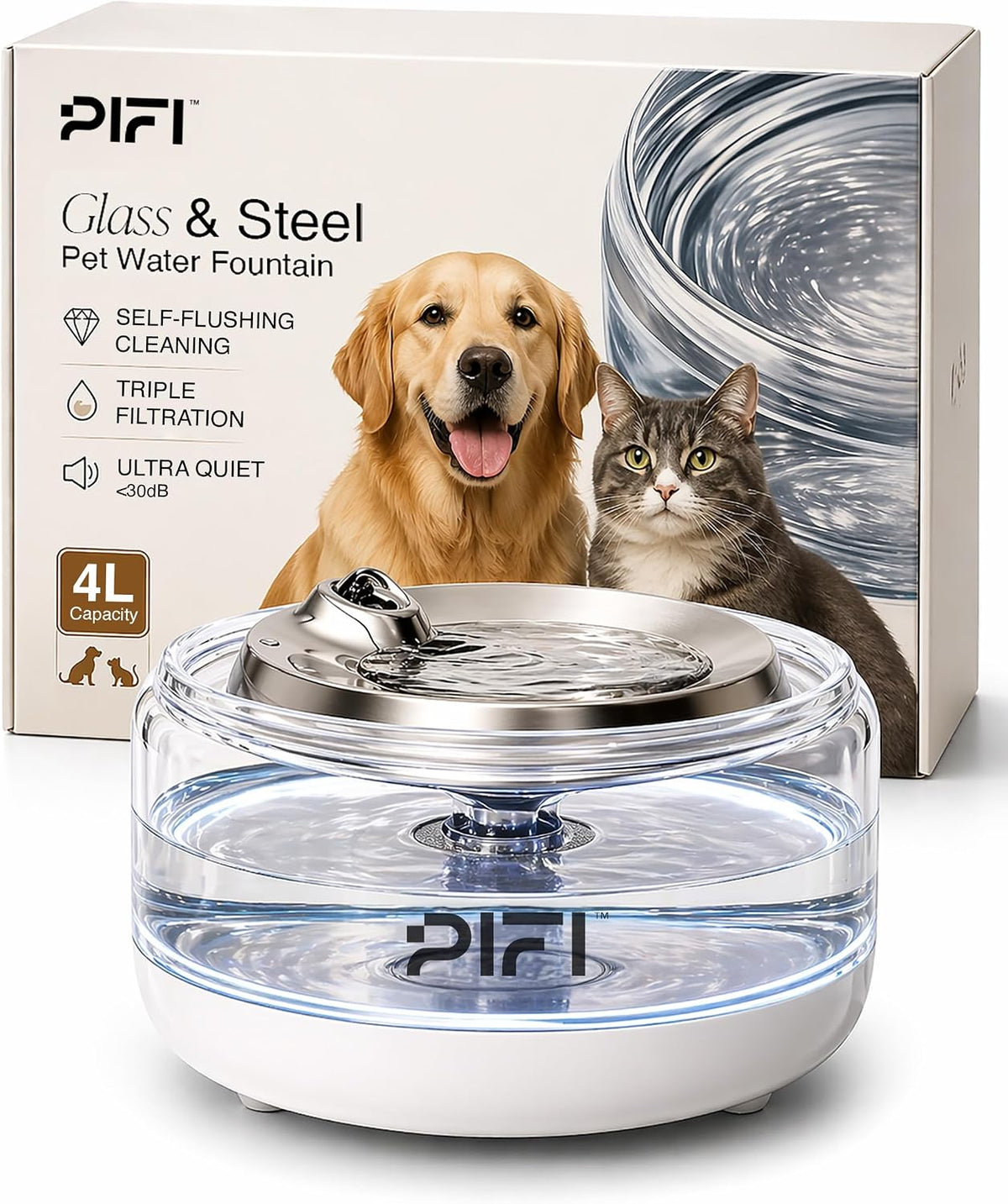 Pifi 4L Cat Water Fountain with Glass Body & Fixed Bpa-Free Plastic Base