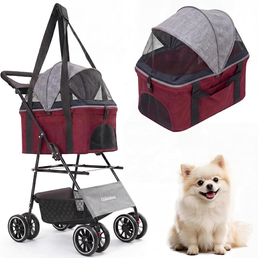 2-In-1 Foldable Pet Stroller 4-Wheel for Small Dogs & Cats,Dark Gray +Red