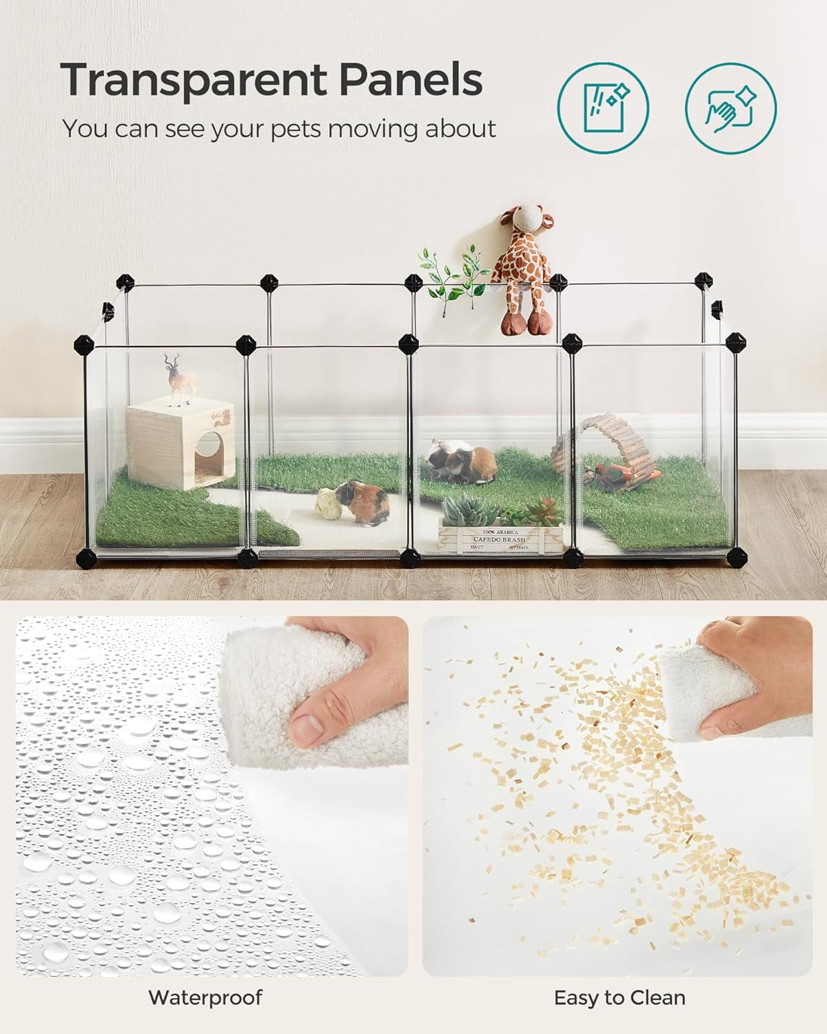 SONGMICS 20 Panels Pet Playpen with Floor, Small Animal Playpen, Pet Fence Indoor, DIY Plastic Enclosure for Guinea Pigs, Bunny, Hamsters, Hedgehogs, 49.2 X 24.8 X 16.5 Inches, White ULPC001W01