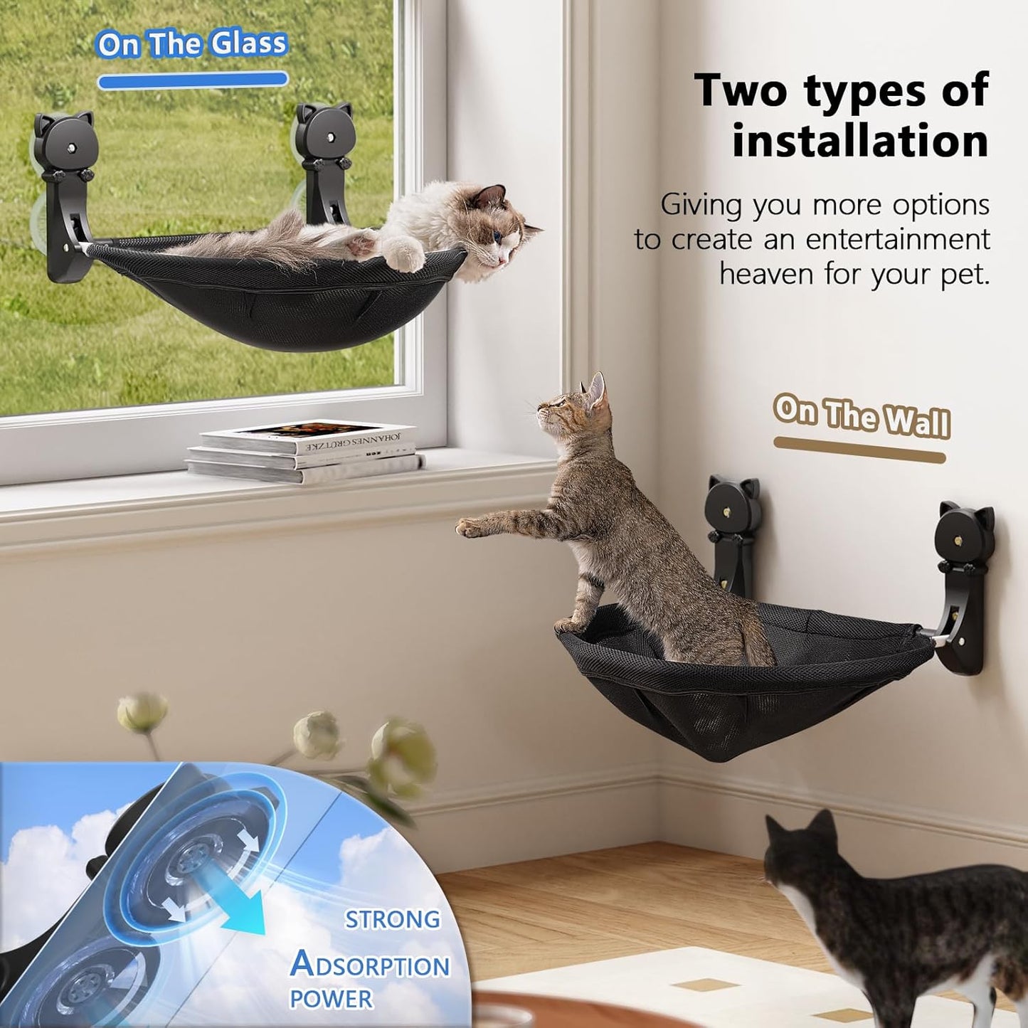 JUNSPOW Cat Window Perch Cordless, Foldable & Stable Cat Beds- Breathable Cat Window Hammock for Overlooking, Sunbathing and Climbing - Maximum Hold up to 40Lb