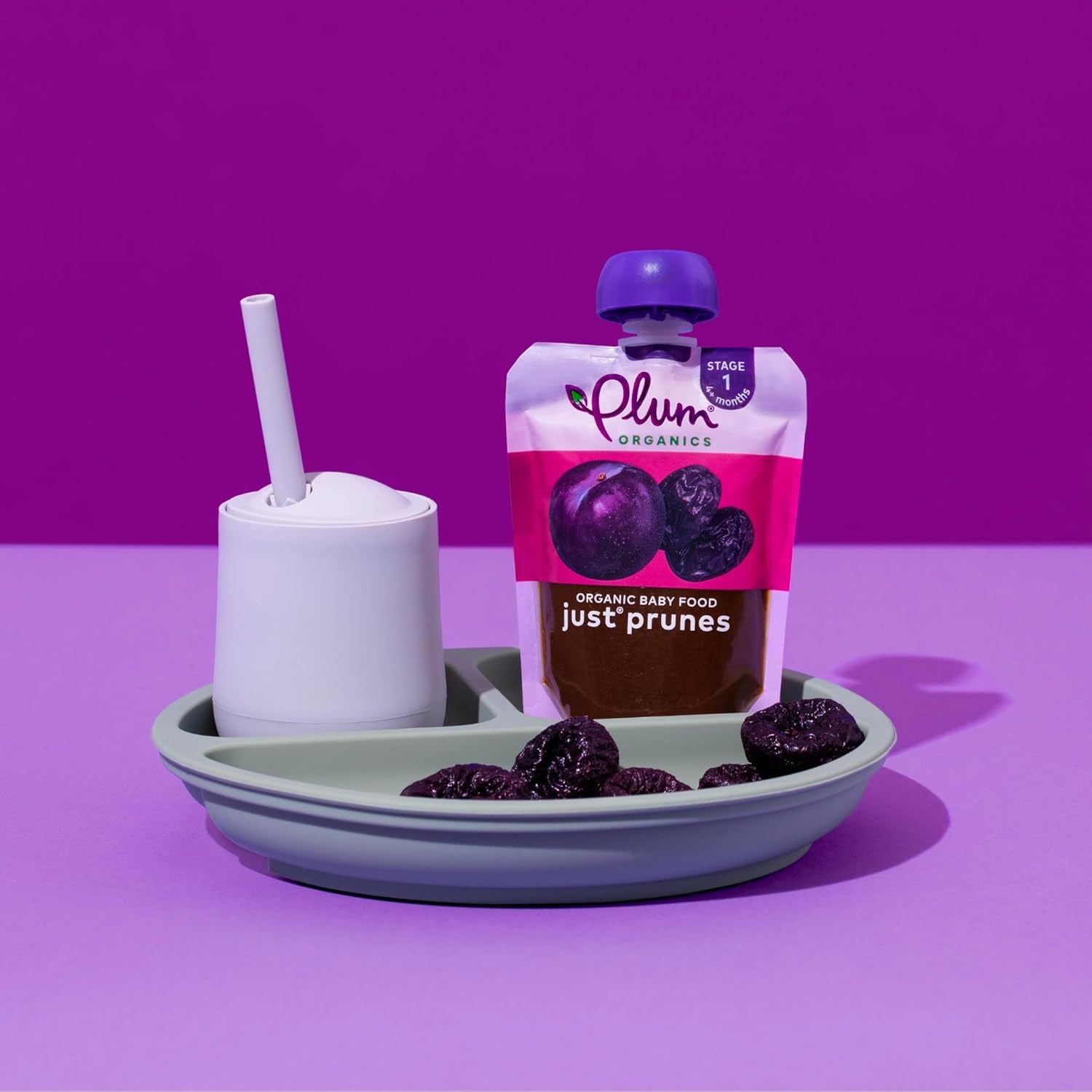 Plum Organics - 4+ Months Organic Baby Food Pouches - Just Punes - Non-Gmo - Fruit & Veggie Blends On-The-Go Pouches for Baby & Toddler Meals - Quality Tested Ingredients - 3.5 Oz (Pack of 12)