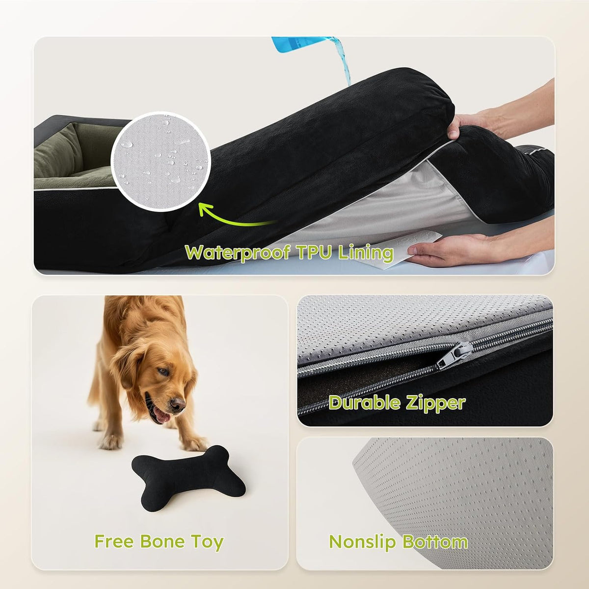 CWAWZ Extra Large Dog Bed, Orthopedic Dog Bed with Cooling Gel Memory Foam, Waterproof XL Pet Bed with Removable Washable Cover, 42" Pet Sofa Couch Dutch Velvet with Bone Toy, Black