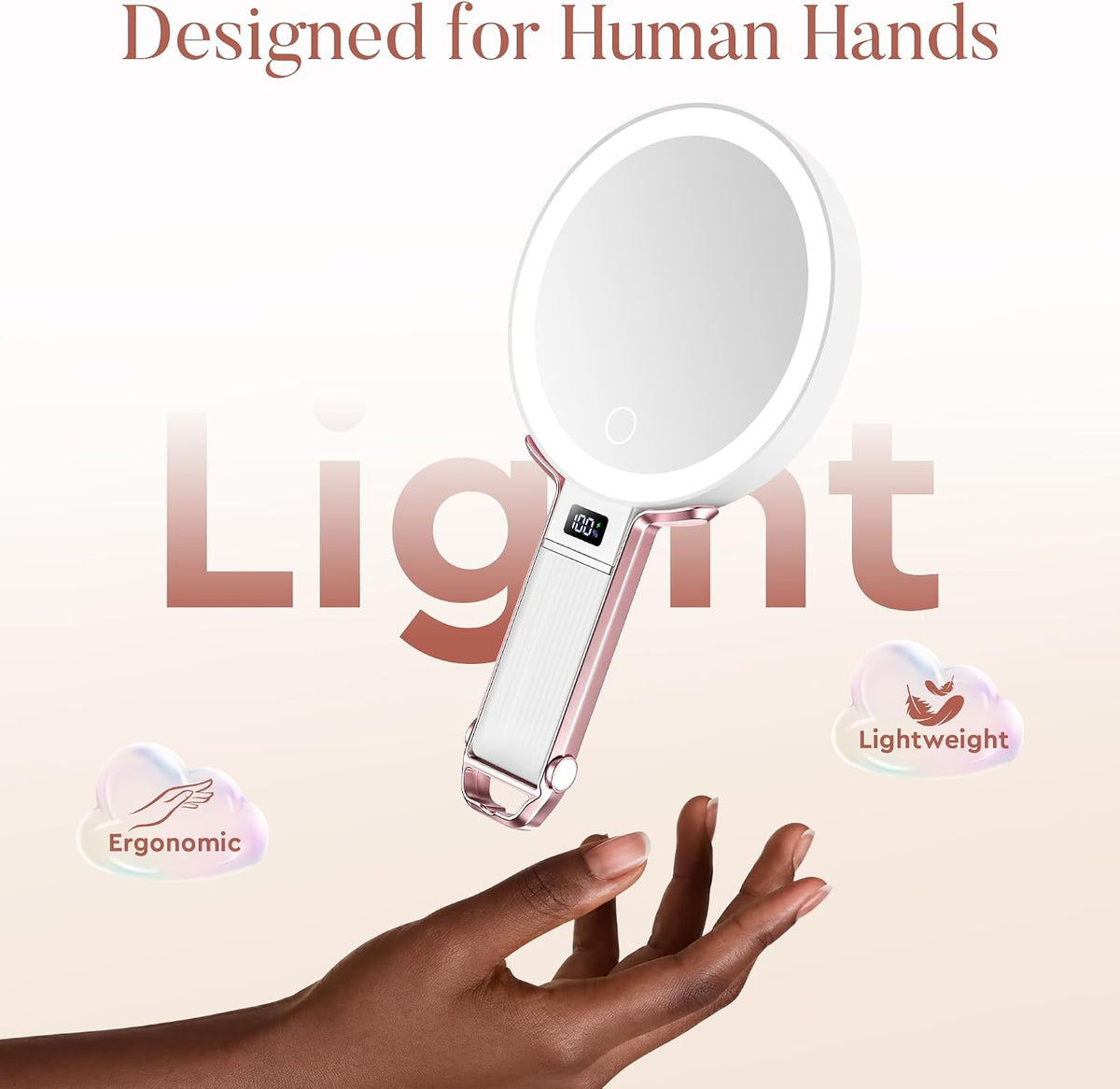 MIYADIVA Travel Makeup Mirror with Lights, Height Adjustable 30X/1X Double-Sided Magnifying Mirror, Portable Vanity Mirror with Digital Display & Phone Holder, Handheld Tabletop Hanging, Rose Gold